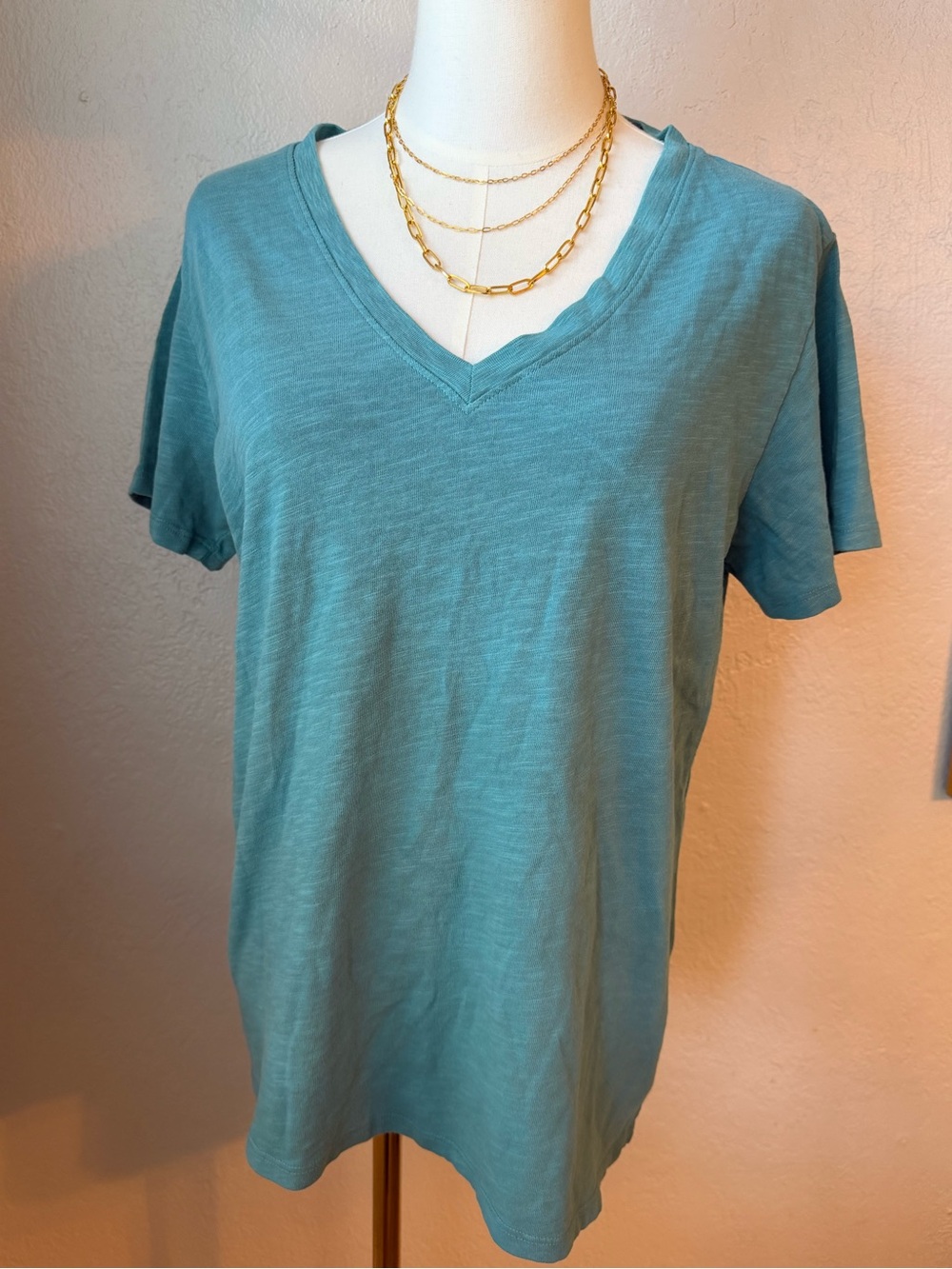 226~ New! American Giant Teal V-Neck Short Sleeve Tee 100% Cotton Large